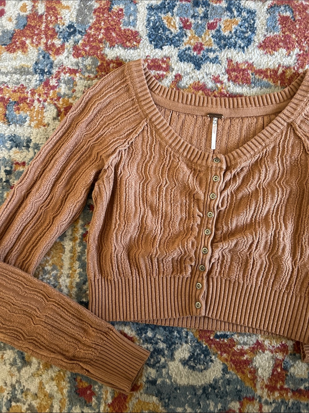 Free People Cropped Rib-Knit Button-Front Sweater Cardigan - Tan - Picture 5 of 5